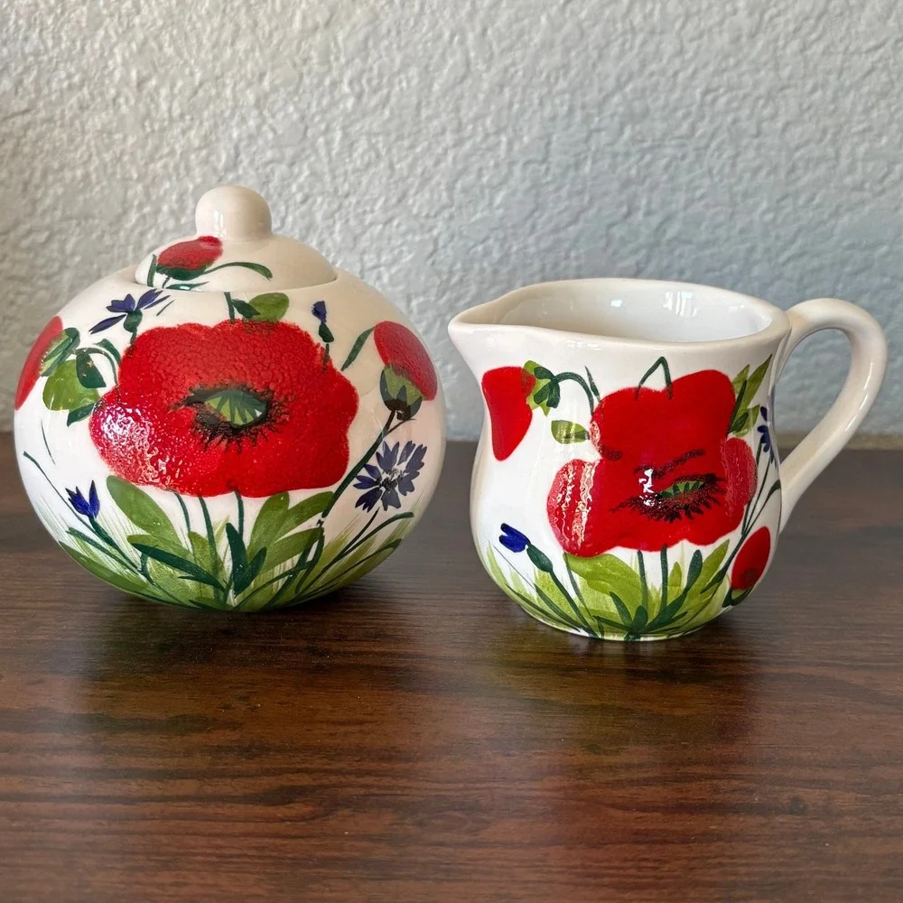 Vintage Italian Hand Painted Poppy Sugar‎ Bowl & Creamer Set Mid Century Pottery
